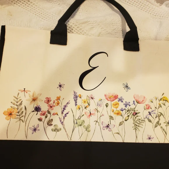 Monagrammed "E" White Canvas Tote with Black Trim & Multicolor Floral Print - Picture 2 of 5